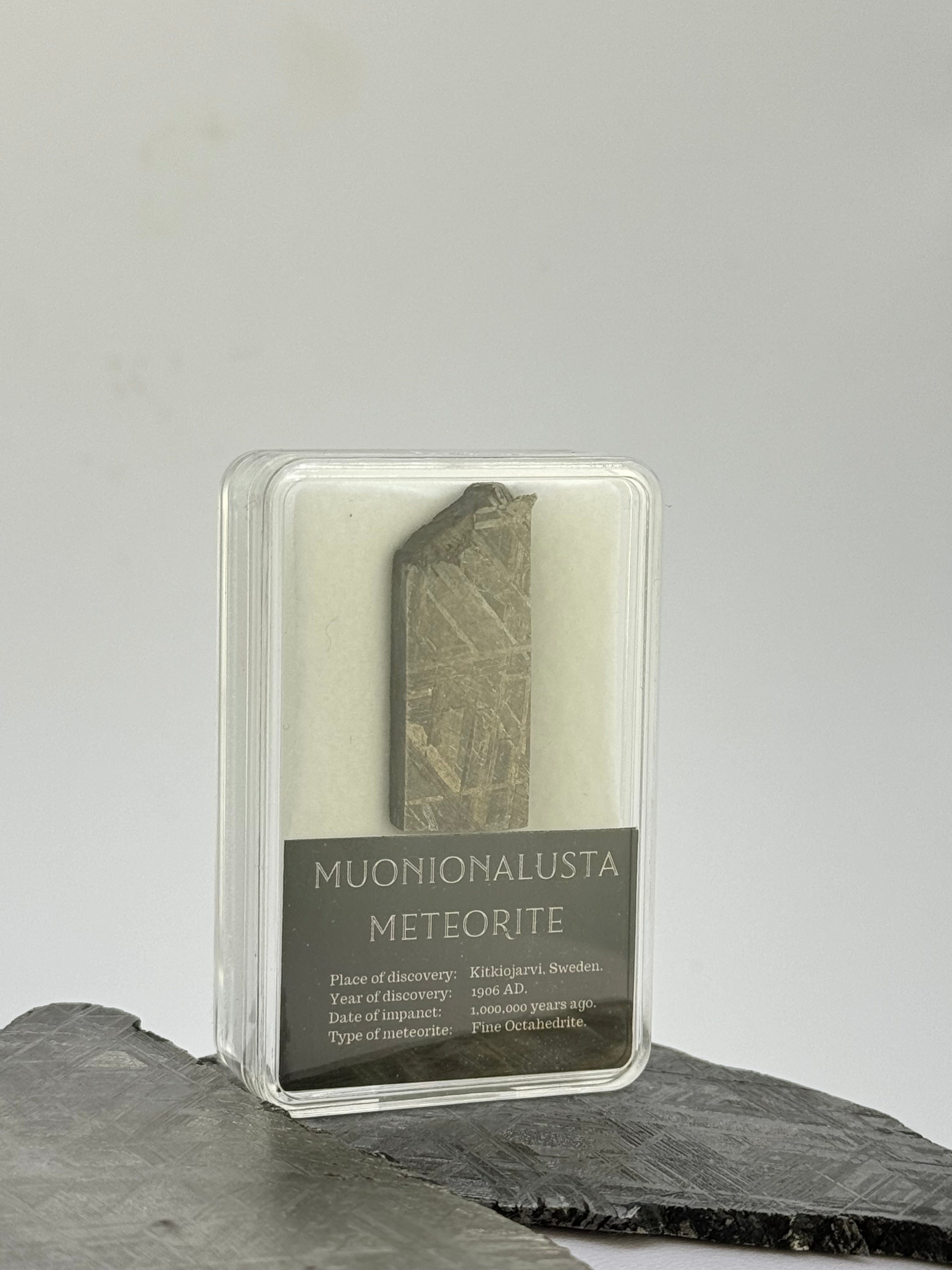Muonionalusta meteorite in display box. 11,39 grams.