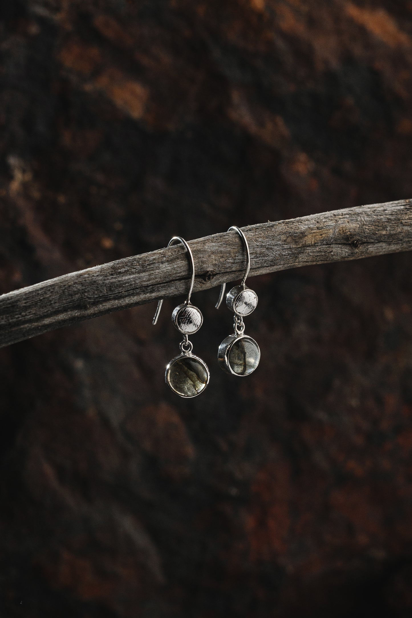 Earrings Universe made with Muonionalusta meteorite and natural stones