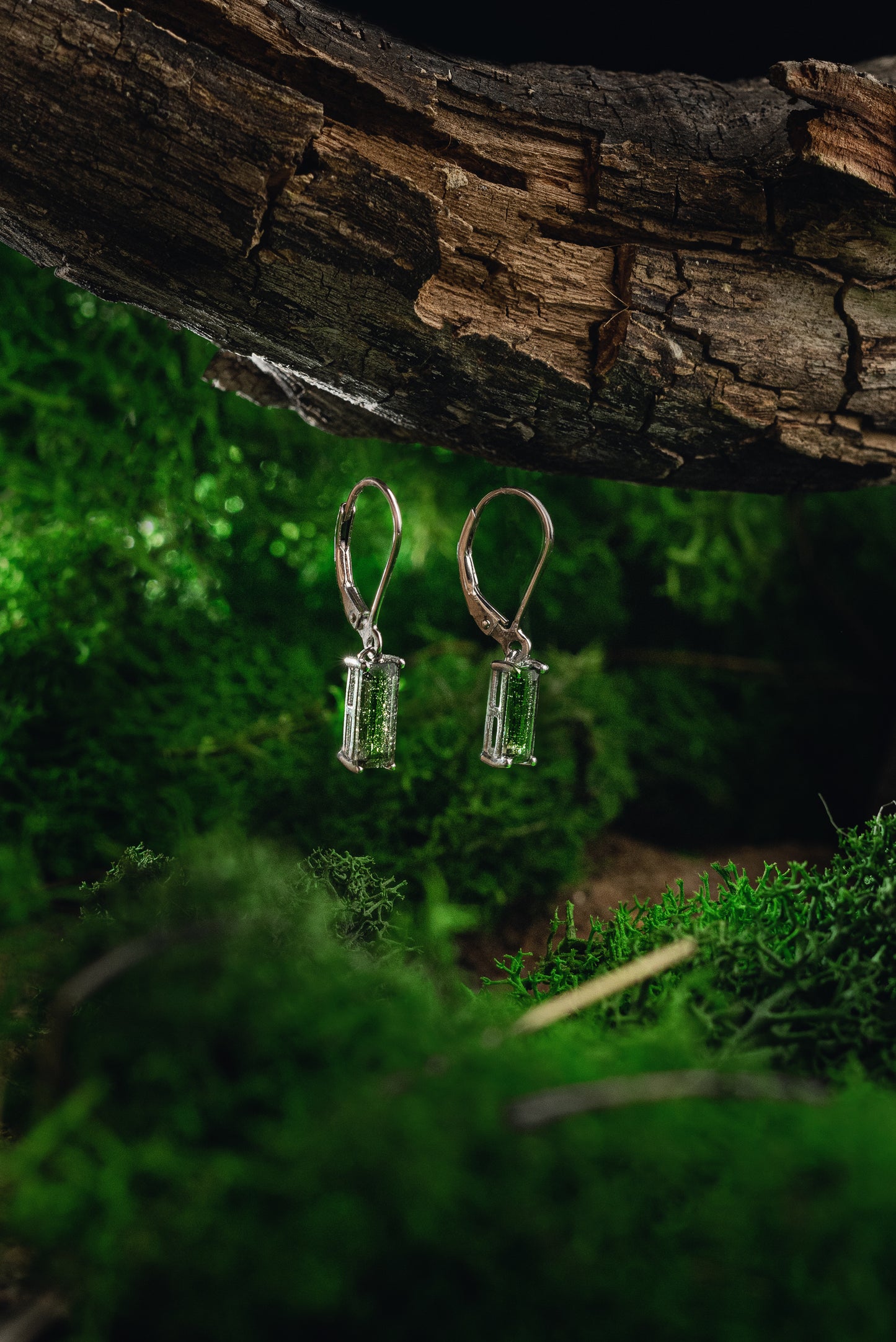 Facetated Moldavite long earrings