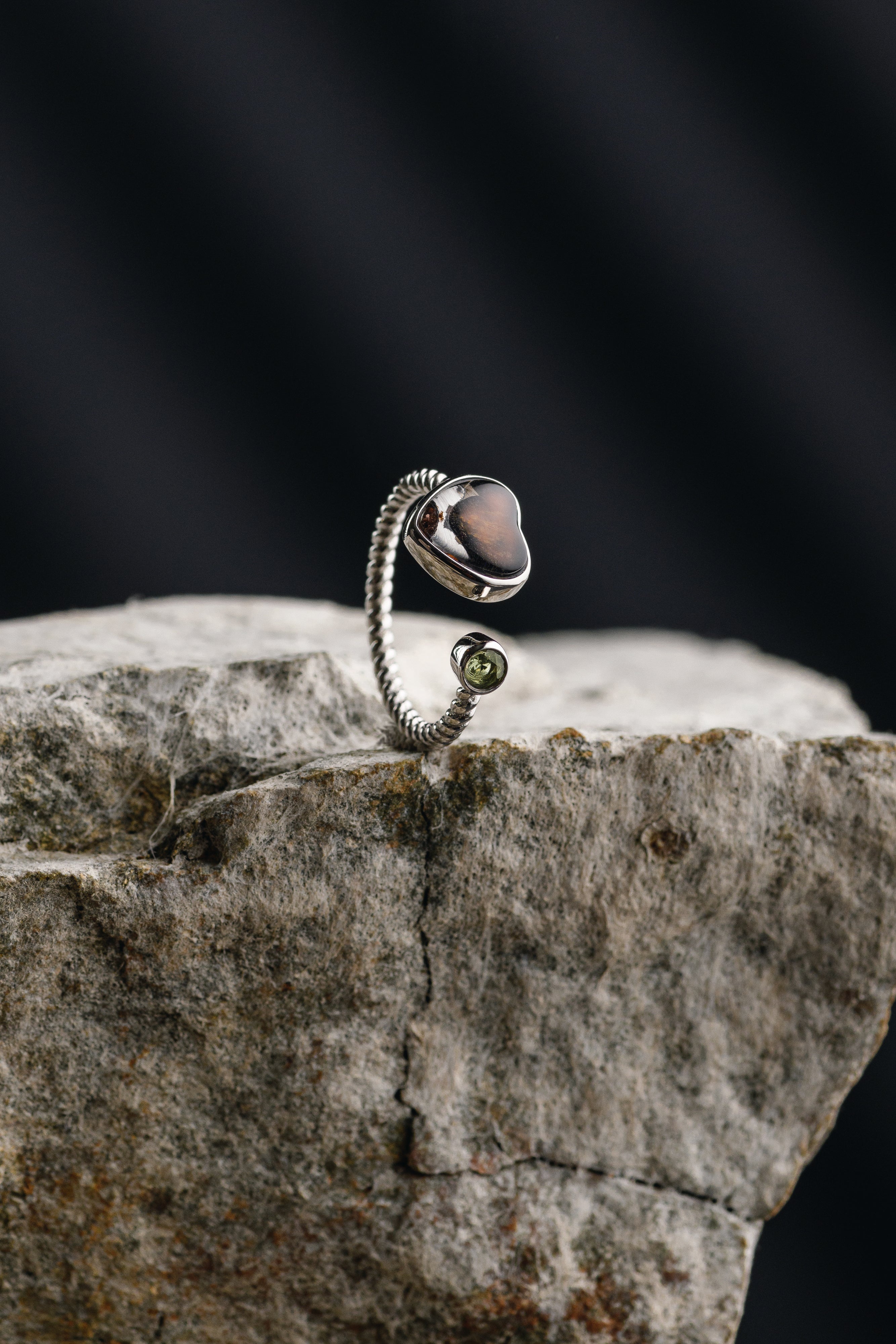 Sericho Meteorite & Moldavite Heart ring